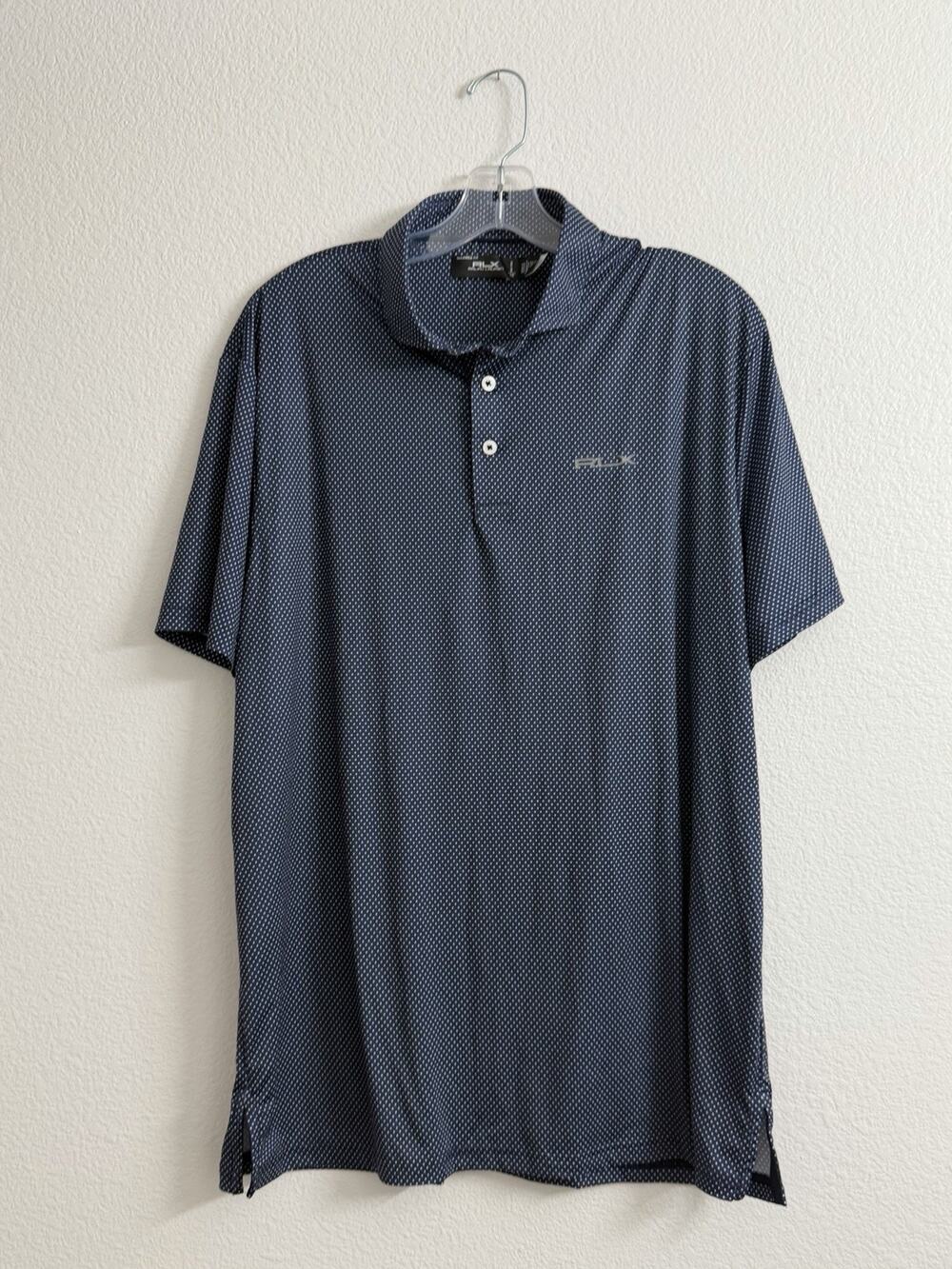 RLX Ralph Lauren Performance Golf Polo Shirt Mens L Blue Silver Polka Dots